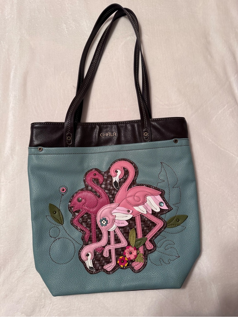 Chala Teal Tote with Pink Flamingo Applique and Dark Brown Trim